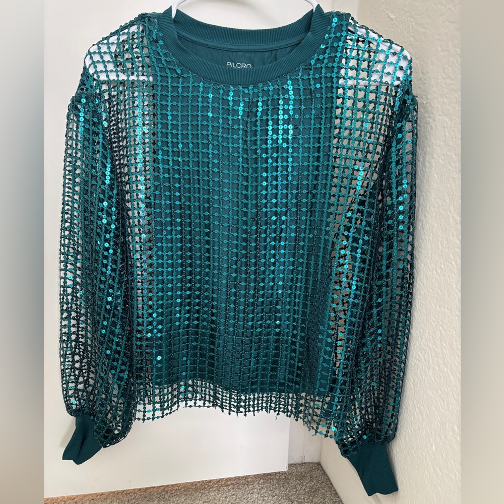 Pilcro Teal Sequin Mesh Blouse